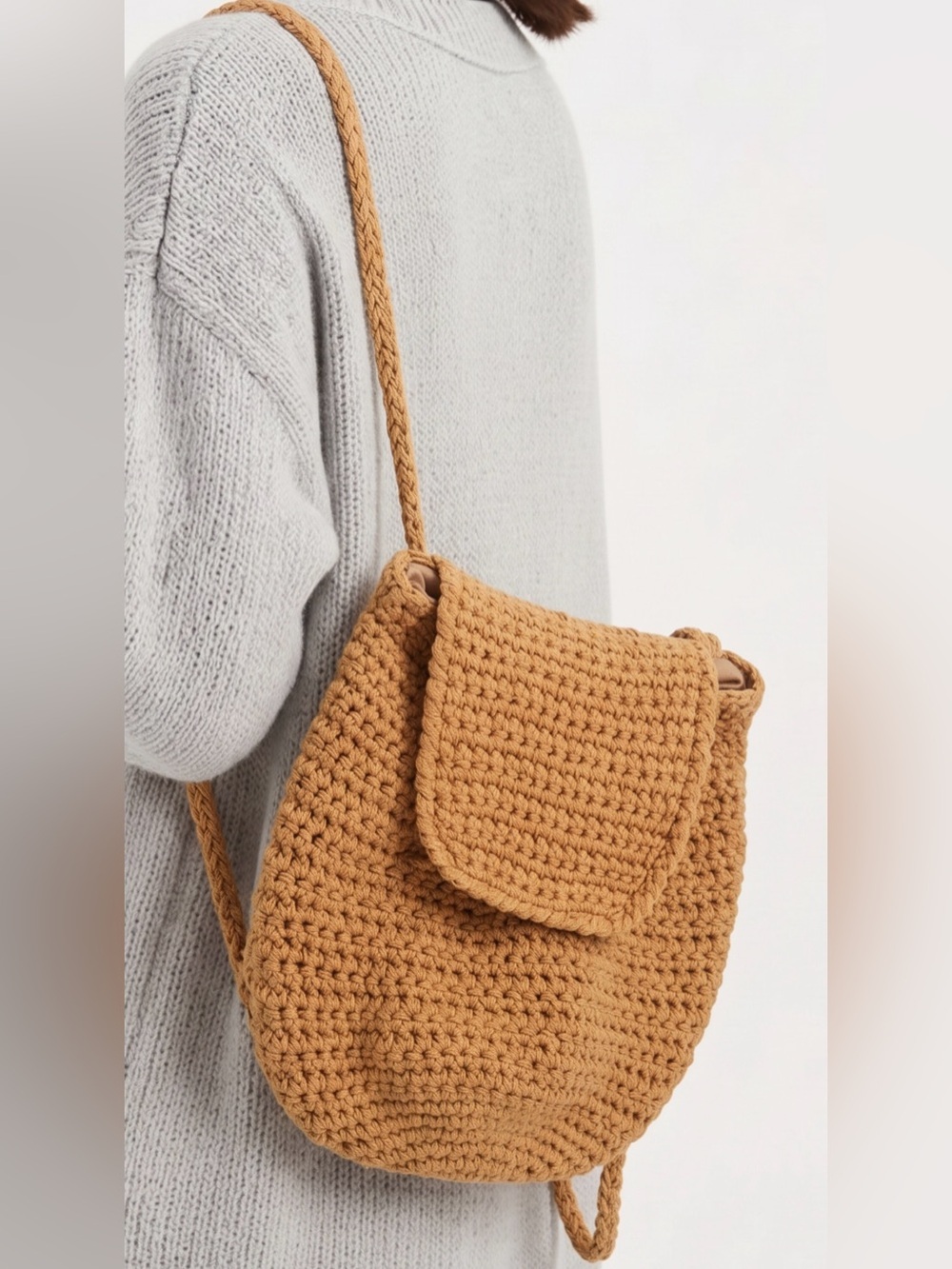 Handcrafted Camel Crochet Backpack with Flap